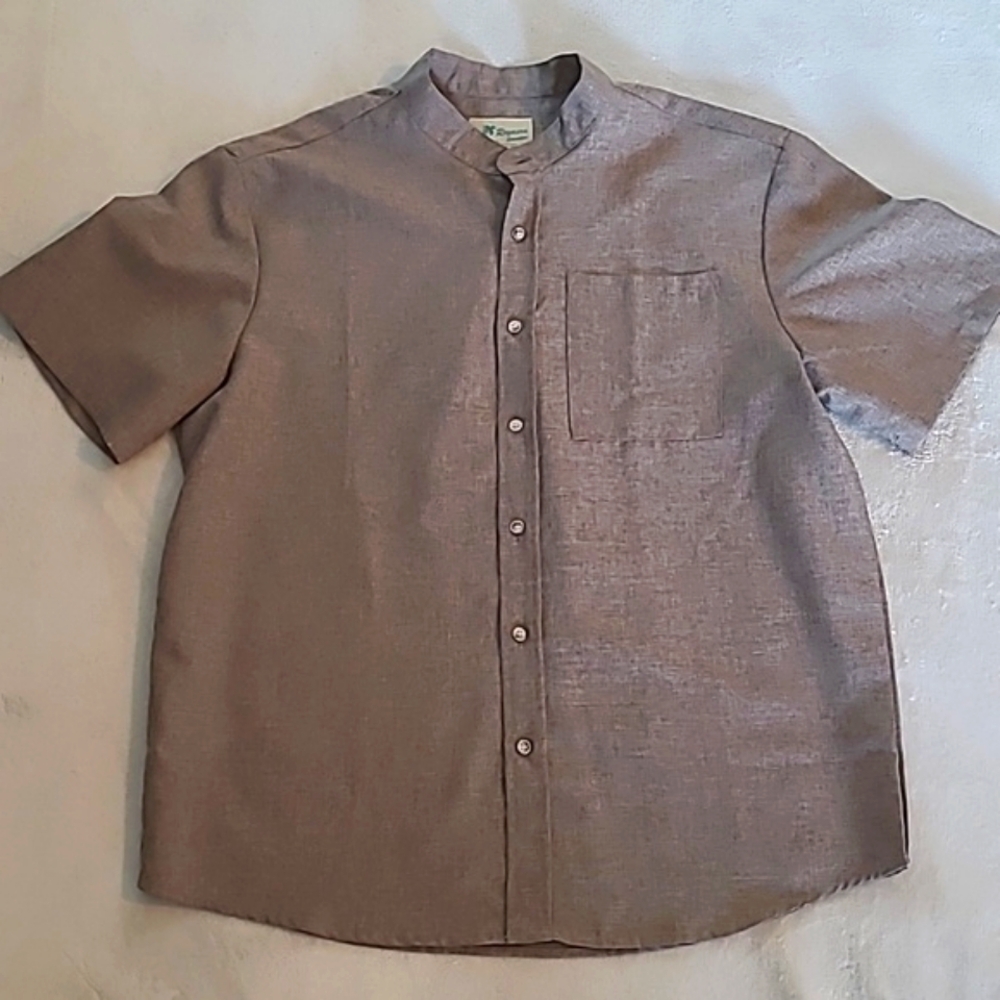 Royaura Hawaiian Linen Cotton Blend Band Collar Shirt Brown Large Casual Summer